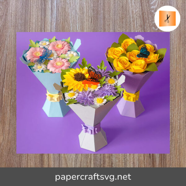 3D Paper Flower Bouquet SVG Bundle, Mother's Day Gift, Sunflower, Gerbera, Rose Templates