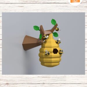 Papercraft Bee and Hive on Branch, Low Poly DIY Template
