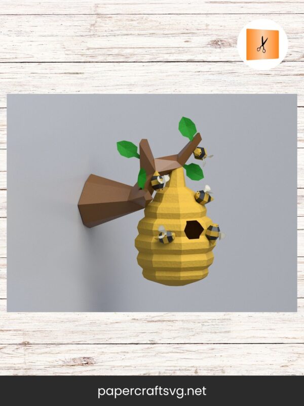 Papercraft Bee and Hive on Branch, Low Poly DIY Template