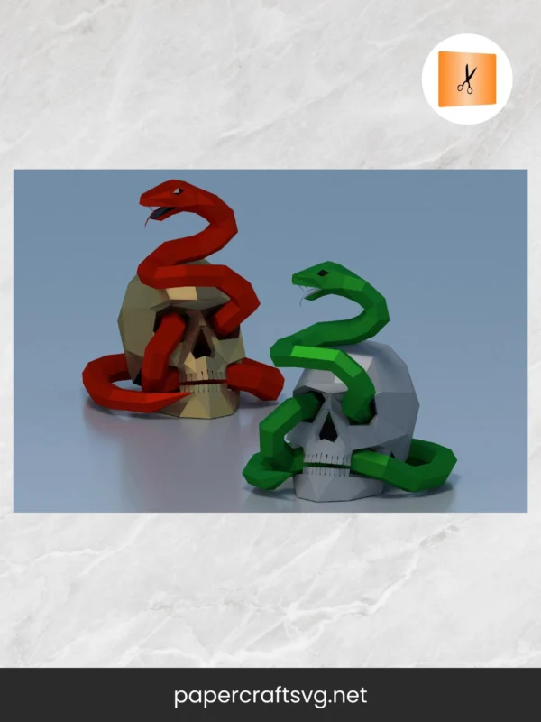 3D Skull with Snake Papercraft Template, Low Poly Halloween DIY Decor