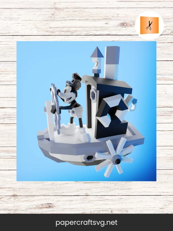 Steamboat Mickey 3D Papercraft Template, Low Poly DIY PDF, SVG, DXF Model for Cricut & Hand Cut